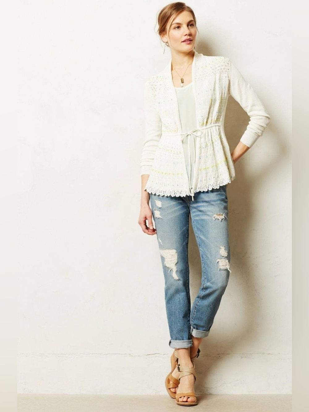 NWT Anthropologie MOTH Lazuli Dusted Lightweight Tie Front Cream Cardigan, XL
